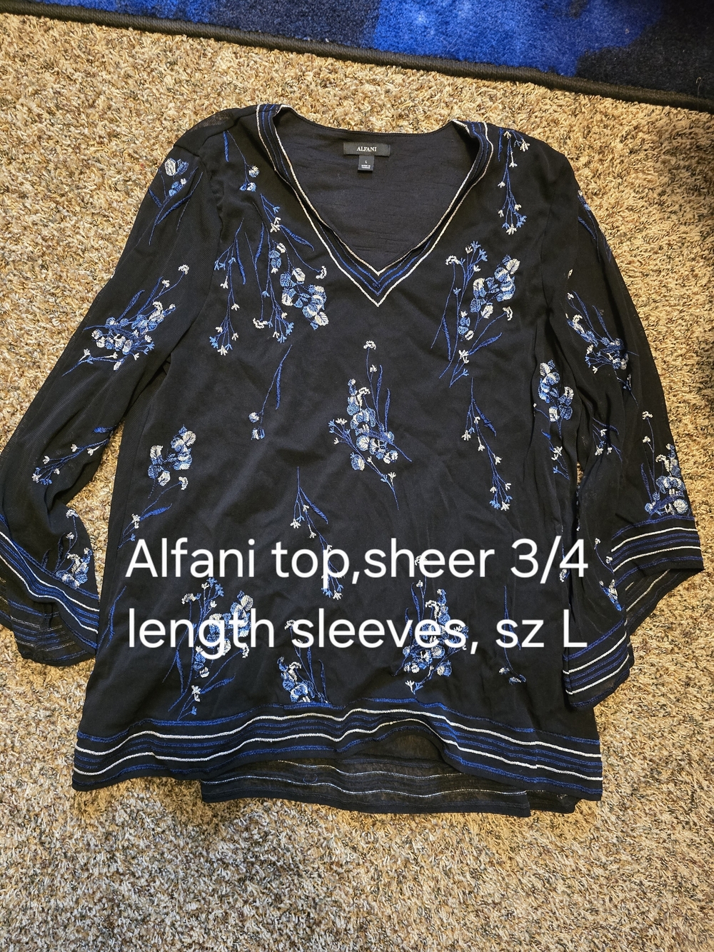 Alfani Black Sheer V-Neck Top with Blue Floral Embroidery